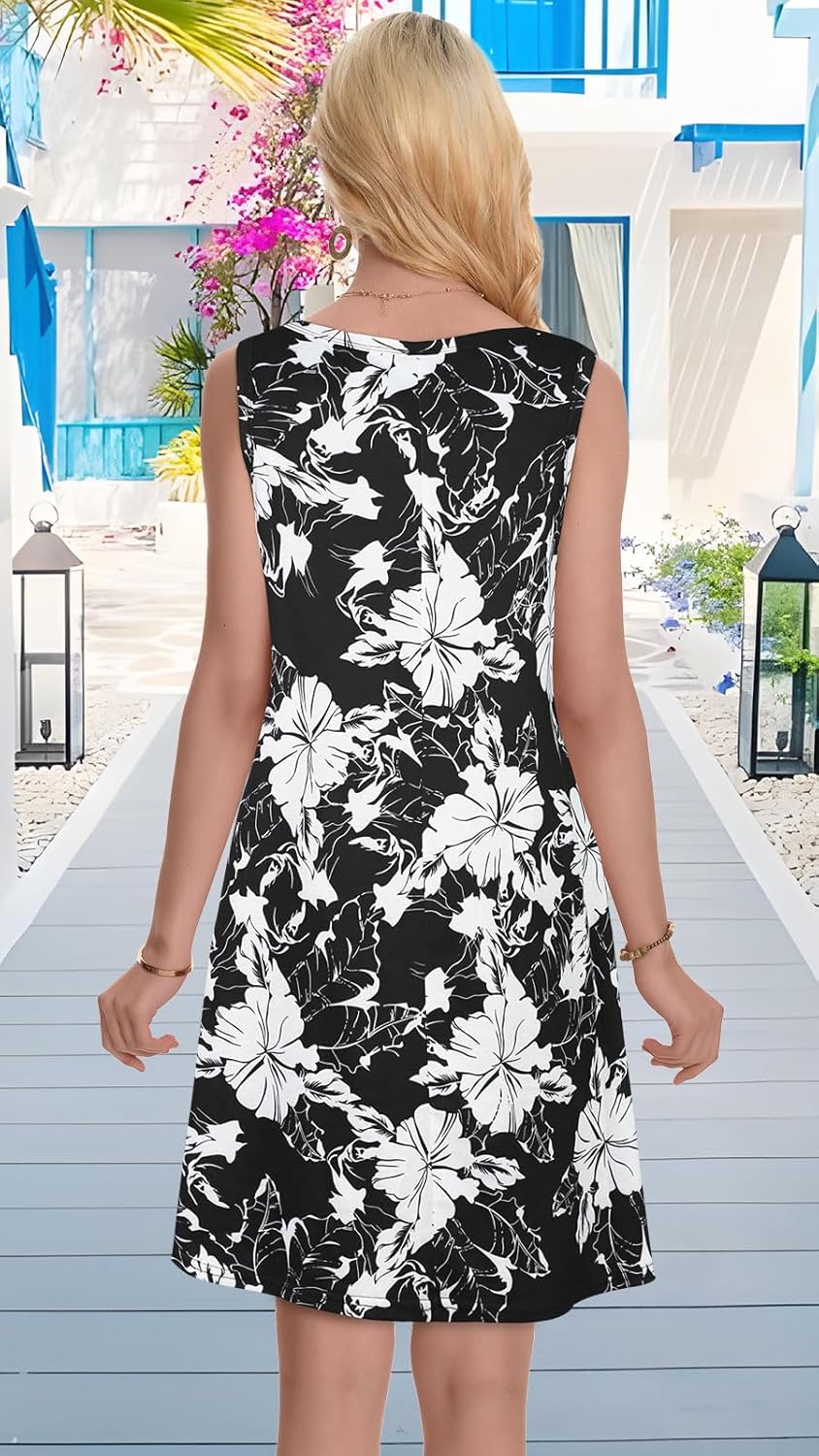 Summer Dresses for Women Beach Boho Sleeveless Vintage Floral Flowy Pocket Tshirt Tank Sundresses