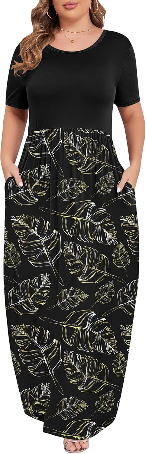 KARALIN Women’s Plus Size Maxi Dresses for Curvy Women Summer Casual Short Sleeve 2025 Long Dress 14W-26W