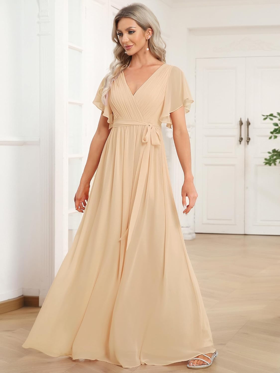 Ever-Pretty Women's Bridesmaid Dress V-Neck Ruffle Sleeves Ruched Bust Floor Length Chiffon Formal Dresses 0164A