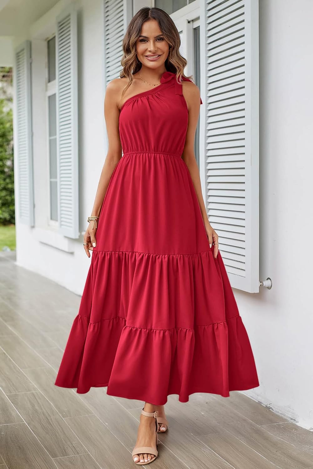 PRETTYGARDEN Women's Summer Floral Maxi Dress Knot One Shoulder Sleeveless Ruffle Flowy Boho Beach Wedding Guest Dresses