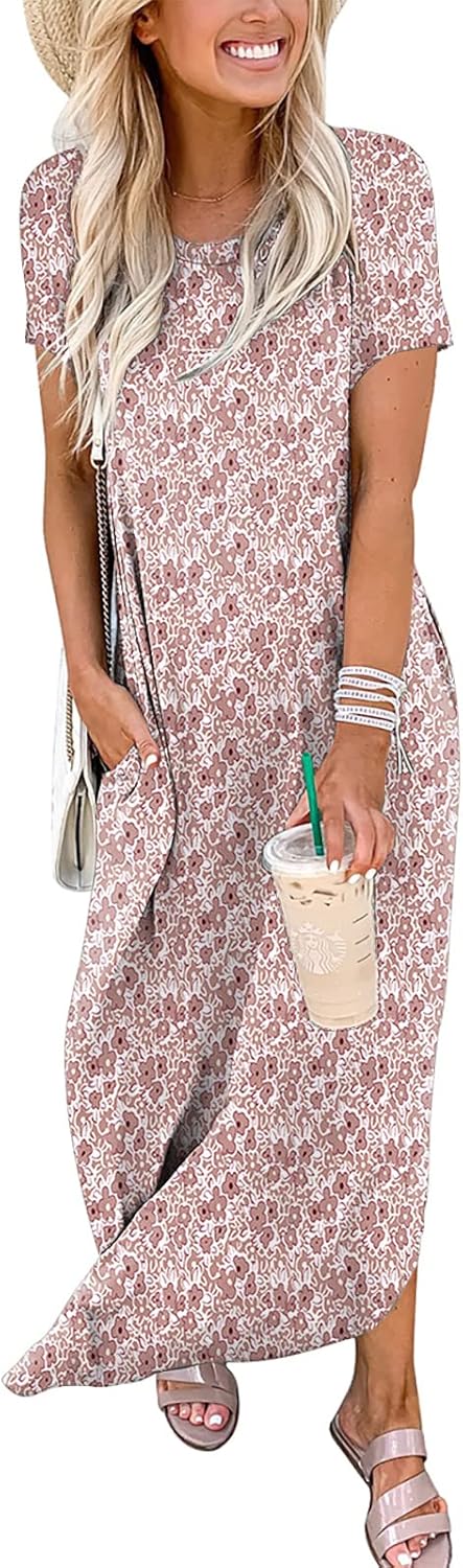 ANRABESS Women's Summer Casual Loose Short Sleeve Long T Shirt Dress Split Maxi Beach Sundress Travel Vacation Outfits