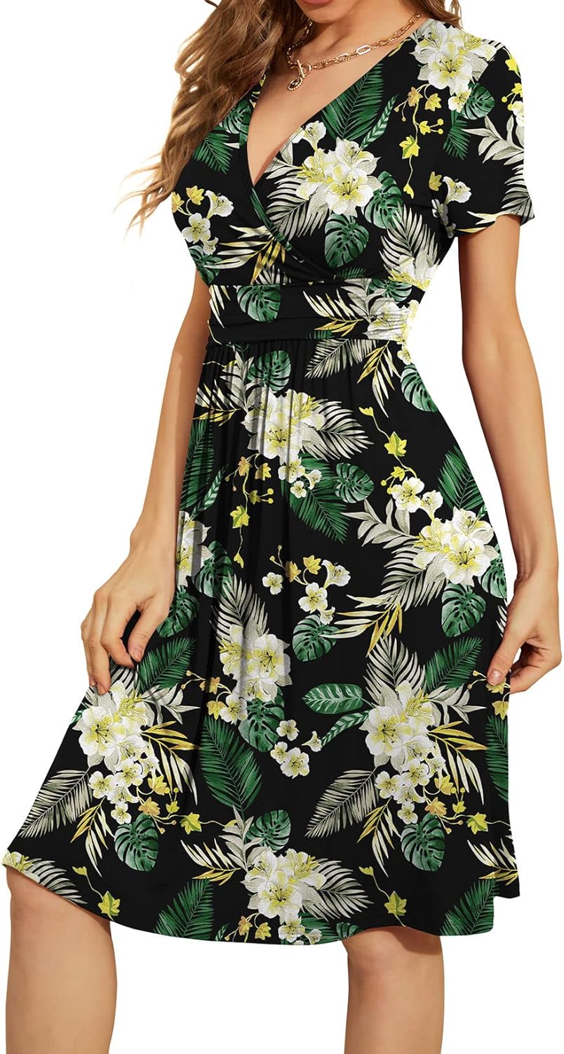 WEACZZY Women's Summer Short Sleeve Casual Dresses V-Neck Floral Party Dress with Pockets