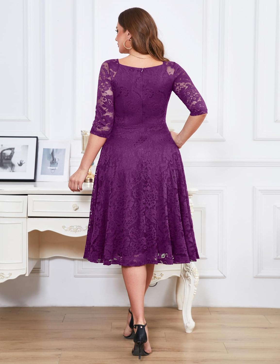 Dressystar Womens Long-Sleeve Wedding Guest Dress A-Line Lace Formal Party Cocktail Midi Dress Prom Gown