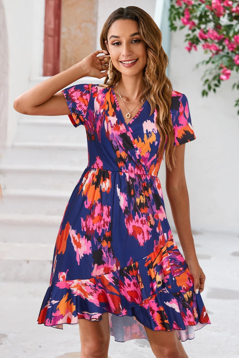 ULTRANICE Womens Summer Dresses Floral V Neck Ruffled Hem Spaghetti Spring Casual Beach Outfits Flowy Wrap Sun Dress