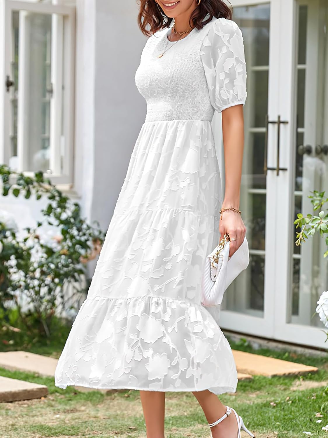 ebossy Women's Casual Smocked Lace Party Dress Puff Sleeve A-line Flowy Tiered Jacquard Midi Dress