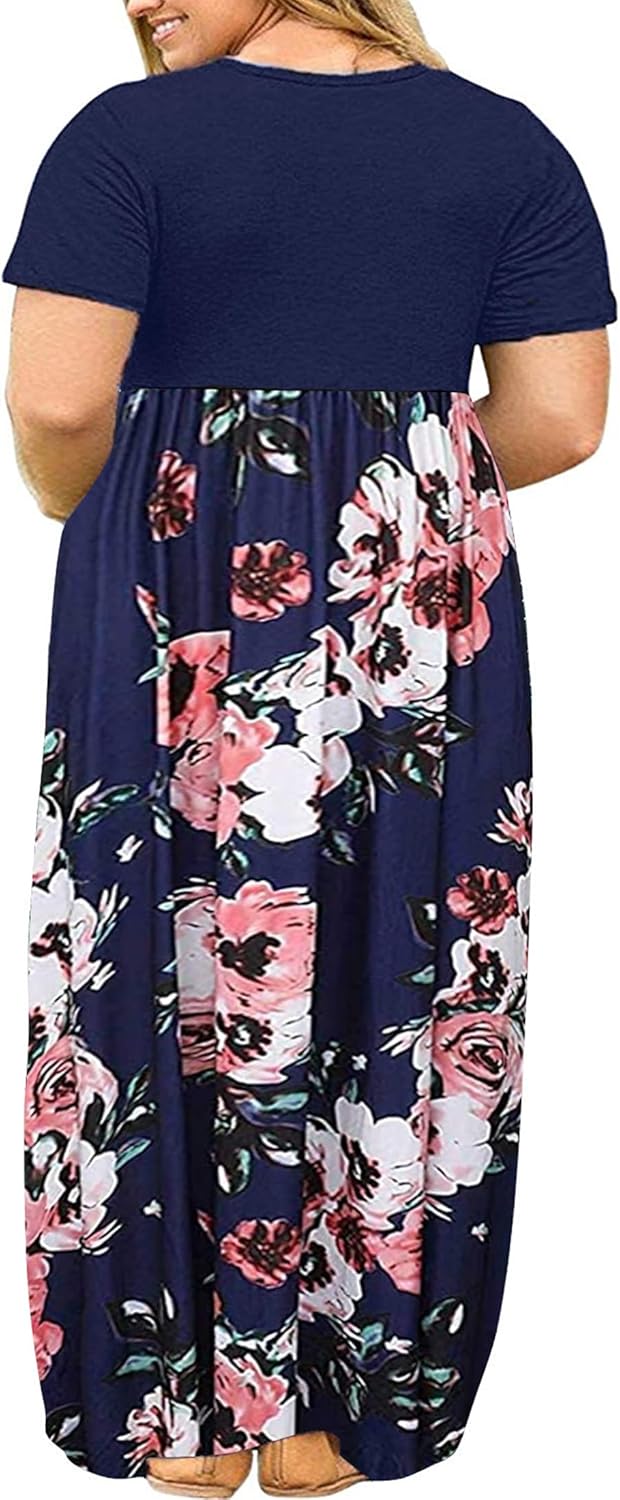 Kancystore Women's Short Sleeve Plus Size Maxi Dress with Pockets Loose Casual Summer Dresses