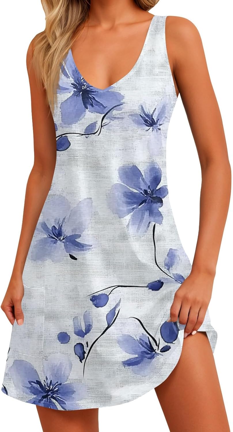 NBXNZWF Women Summer Casual Dress 2025 Casual Loose Sleeveless V-Neck Sundresses A Line Tshirt Beach Dresses with Pockets