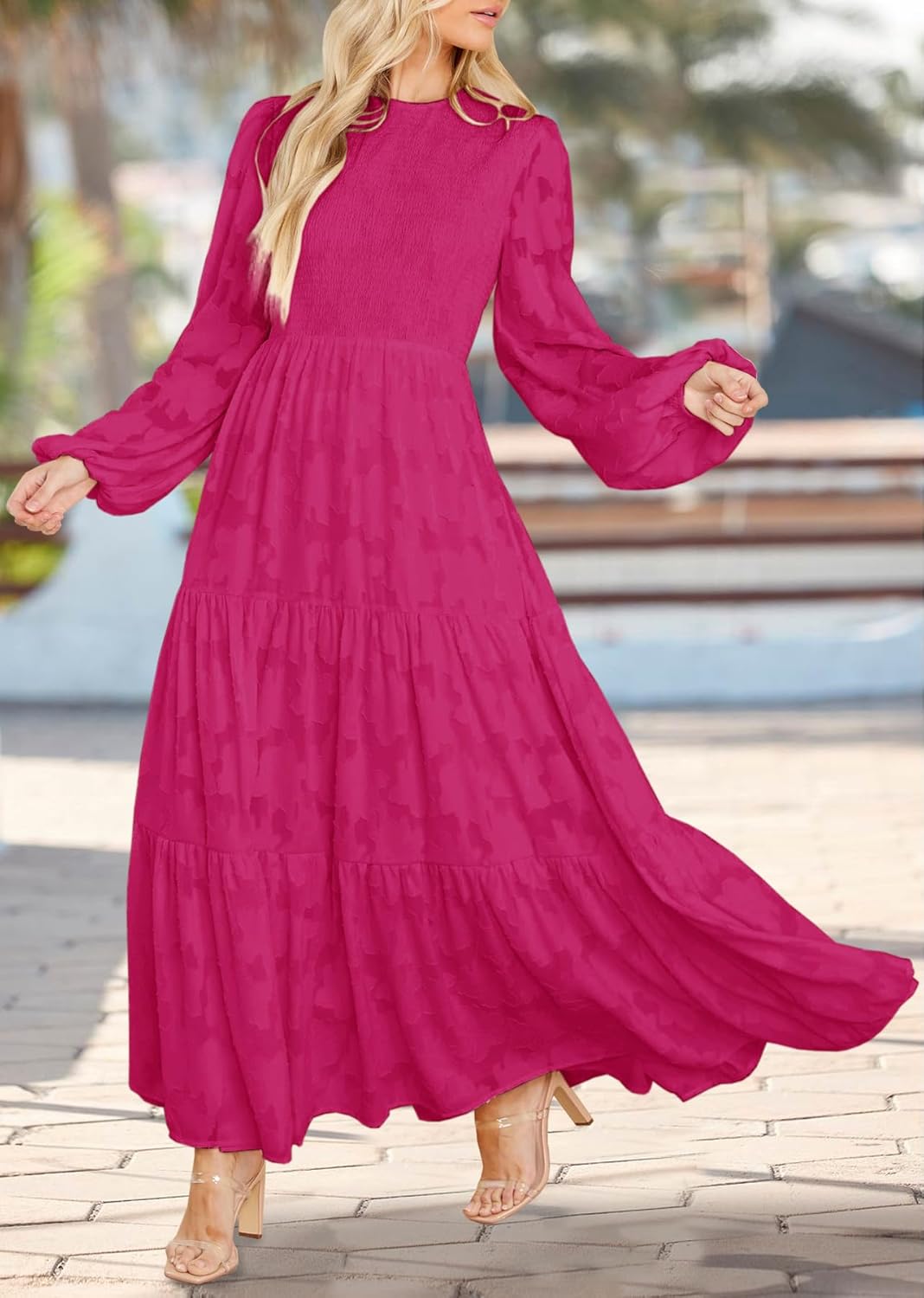 MITILLY Women's Elegant Floral Long Sleeve Round Neck Smocked A-Line Flowy Tiered Maxi Dress with Pockets