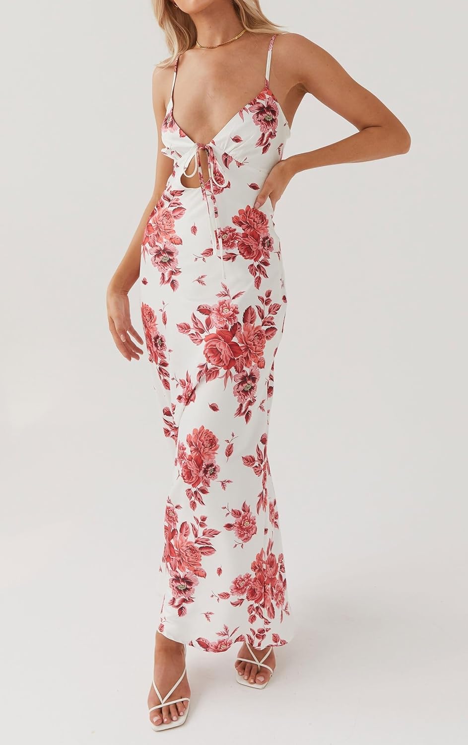Luckinbaby Women Y2k Spaghetti Strap Maxi Dress V Neck Tie Front Cutout Long Cami Dress Backless Party Wedding Dress