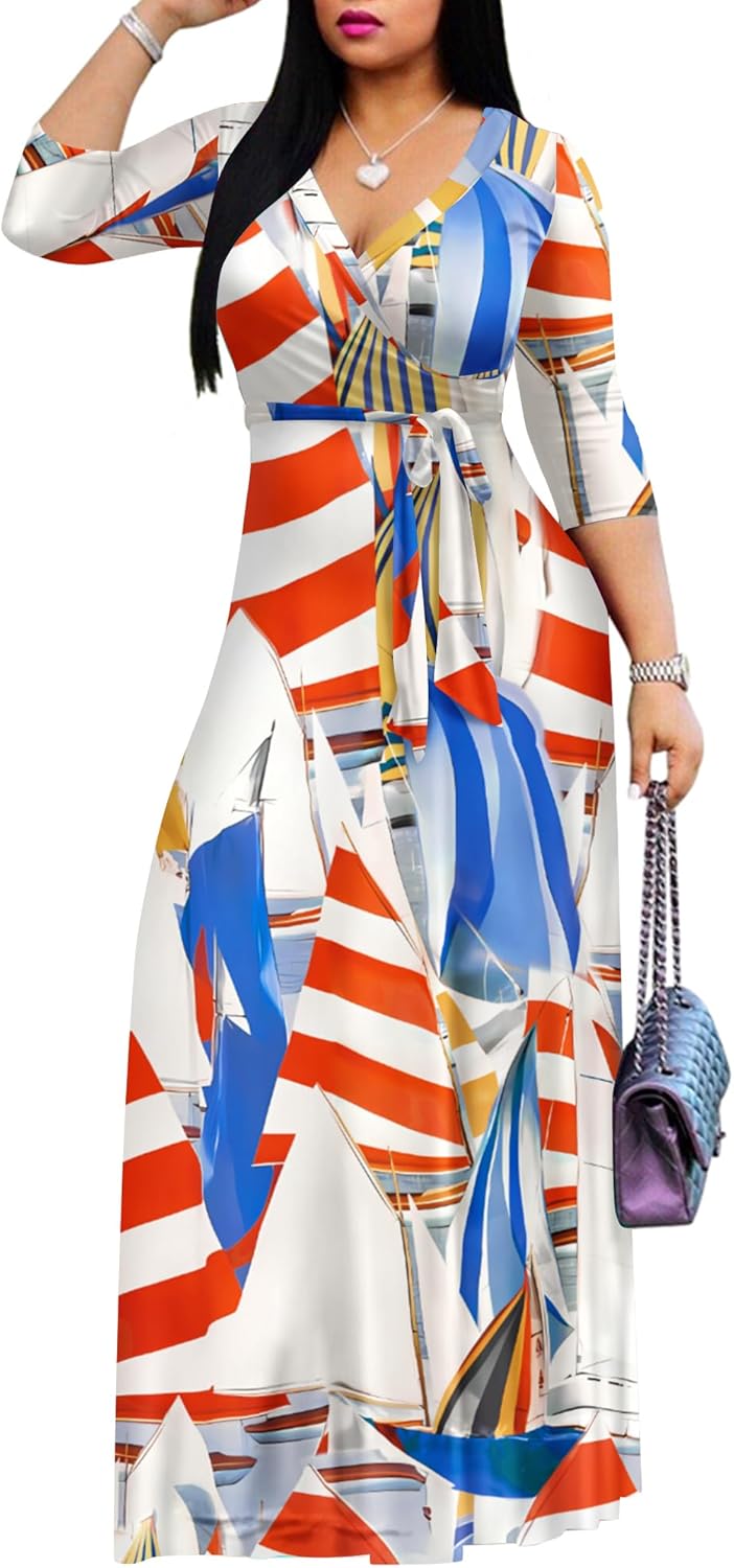 FANDEE Plus Size Maxi Dress for Women Casual Summer Sundress V-Neck 3/4 Sleeve