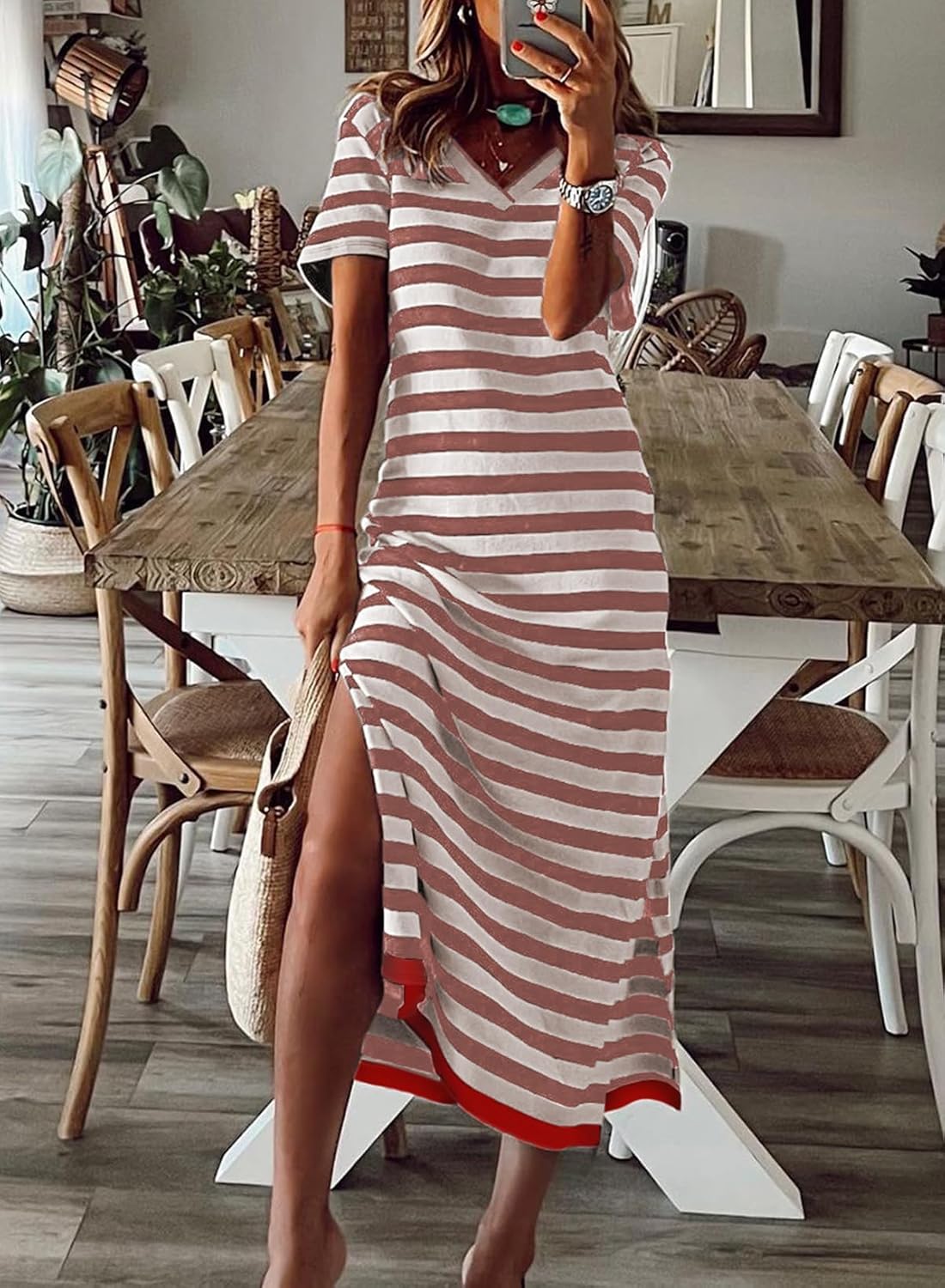 Dokotoo Summer Dress Casual Womens Fashion Short Sleeve Maxi Dress T Shirt Dress Striped Long Color Block Maxi Dress