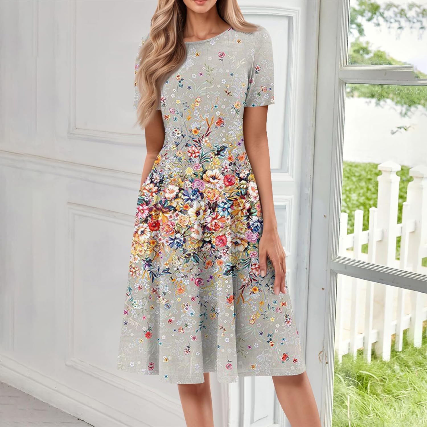 Summer Dresses for Women 2025 Crew Neck Short Sleeve Boho Beach Vacation Floral/Solid Midi Sundresses with Pockets