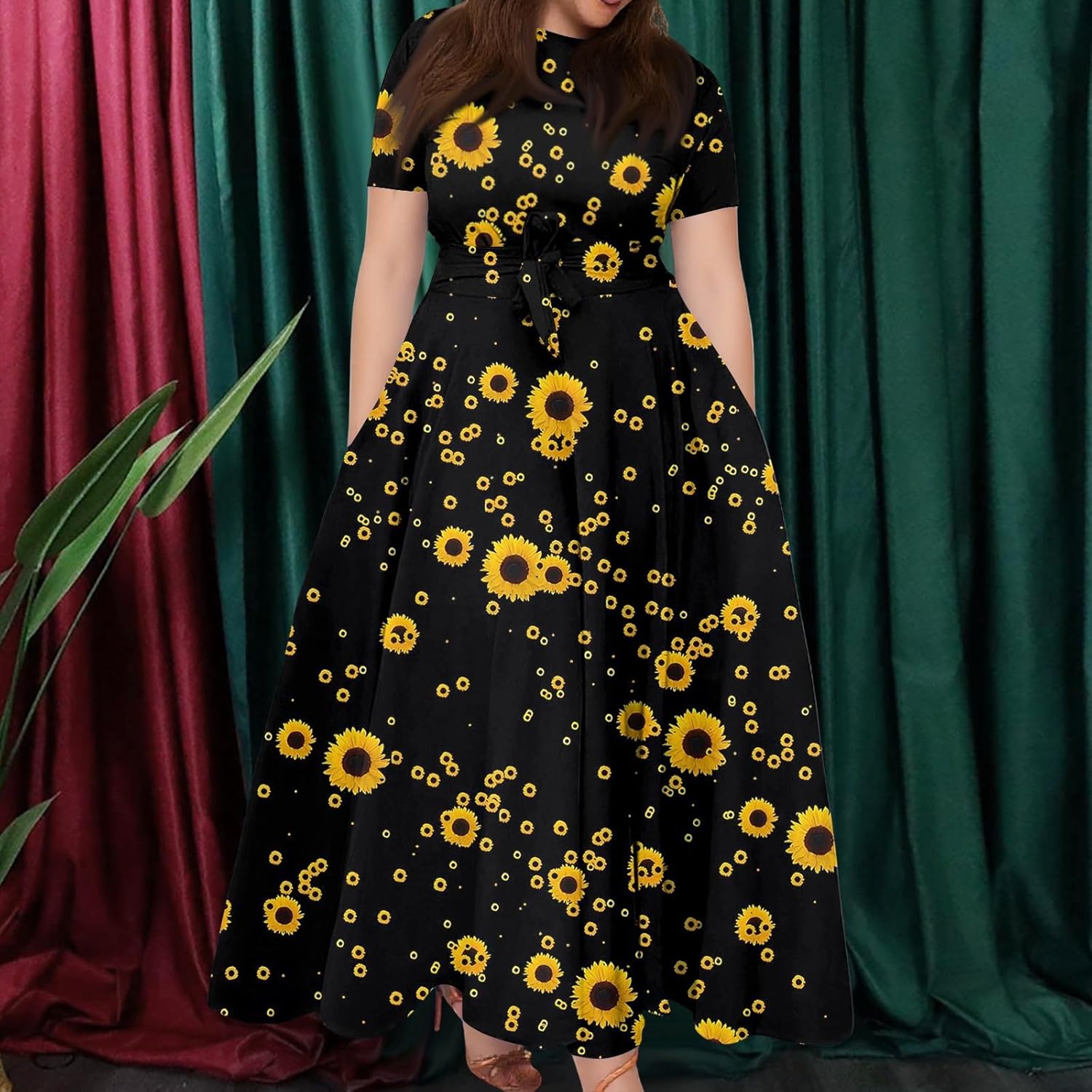 ZEFOTIM Maxi Dress for Women Plus Size Cute Floral Dress Short Sleeve Crew Neck Dresses