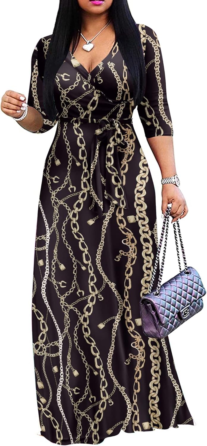FANDEE Plus Size Maxi Dress for Women Casual Summer Sundress V-Neck 3/4 Sleeve