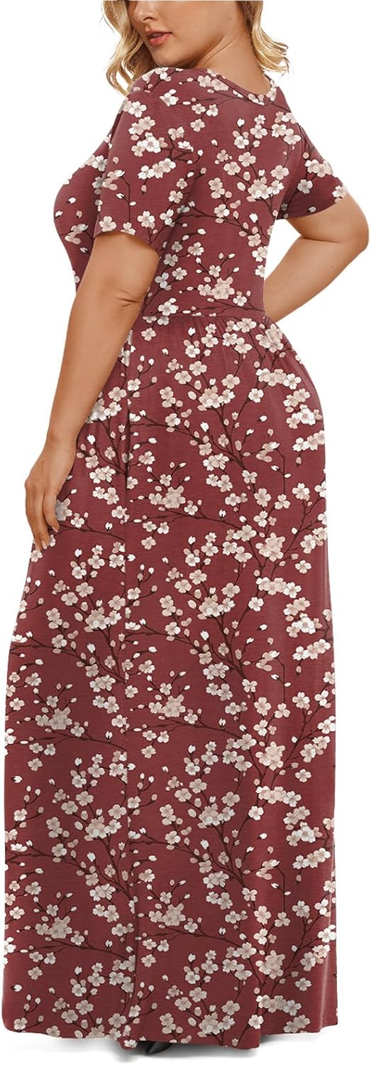 LONGYUAN Women's Plus Size Maxi Dresses for Curvy Women Summer Short Sleeve Casual 2025 Long Dress XL-6XL