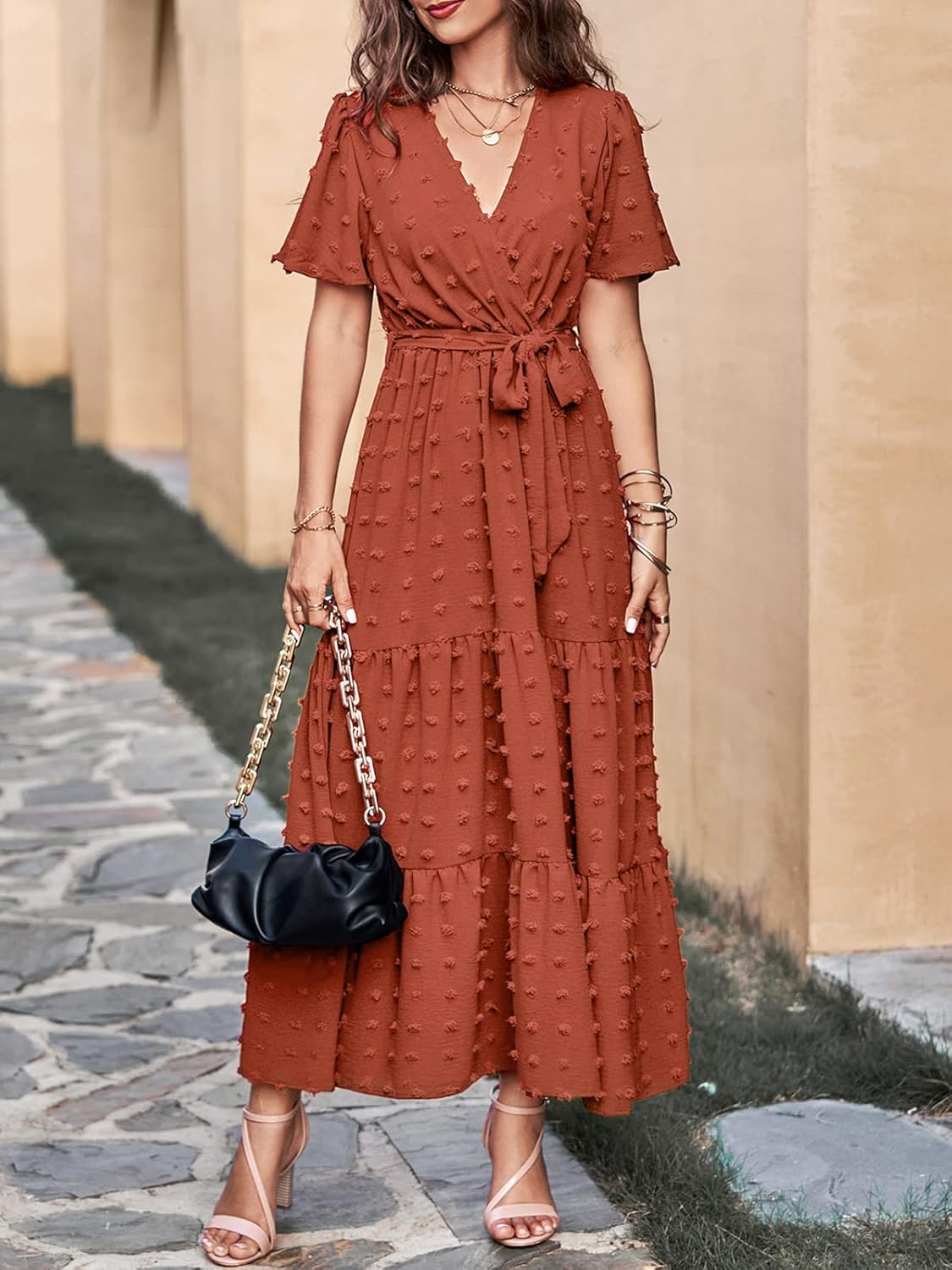 MASCOMODA Womens Boho Swiss Dot Maxi Dresses Wrap V Neck Flutter Short Sleeve Solid Tie Belt A Line Tiered Flowy Long Dress