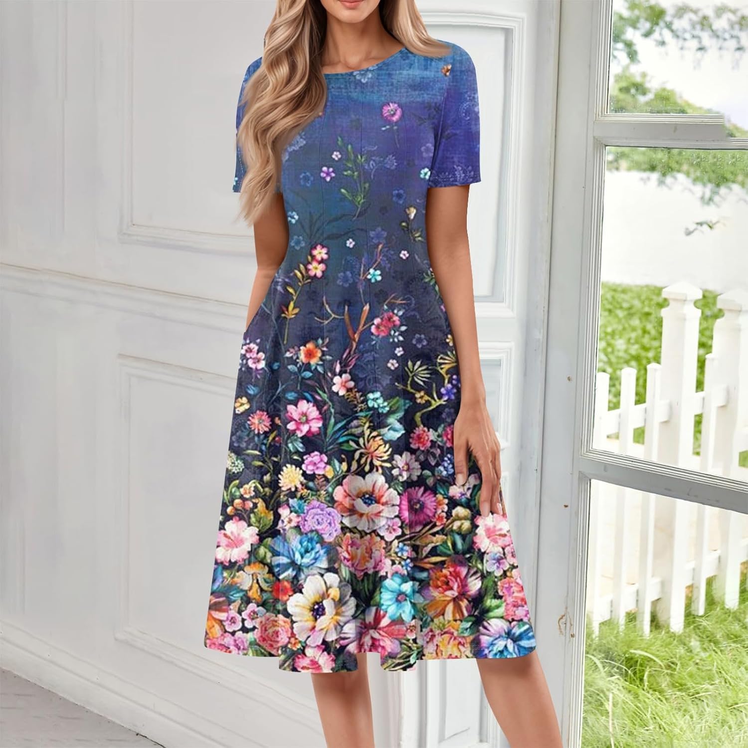 Summer Dresses for Women 2025 Crew Neck Short Sleeve Boho Beach Vacation Floral/Solid Midi Sundresses with Pockets