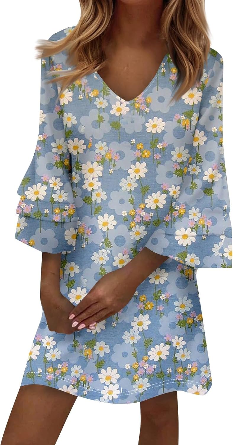 Beach Dresses for Women,2025 Summer Trendy Floral Print Boho Dress,Casual Loose V Neck Bell 3/4 Sleeve Mini Dress