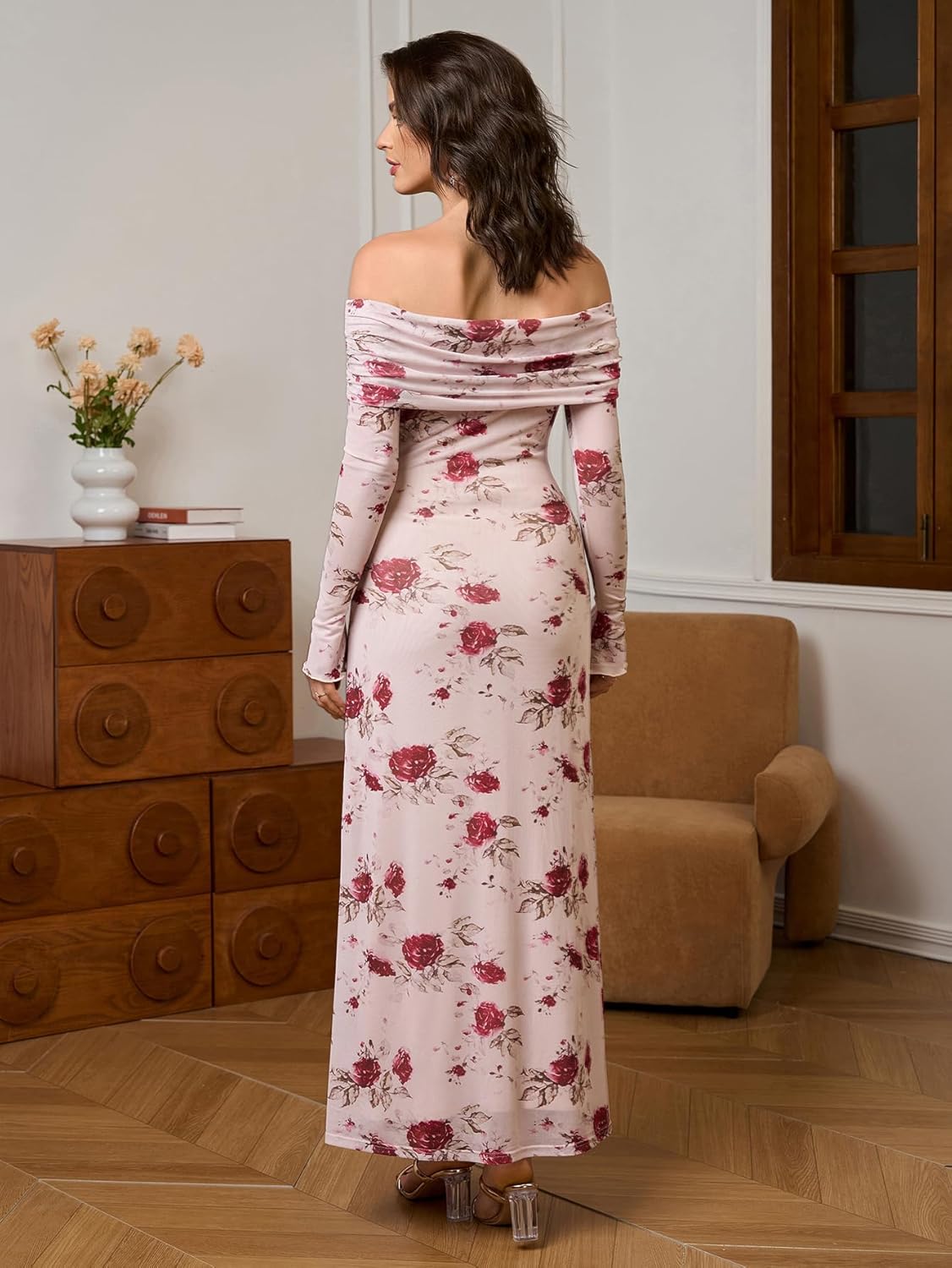 KUTUMAI Women Off Shoulder Bodycon Maxi Dress Long Sleeve Mesh Ruched Party Formal Wedding Guest Dresses