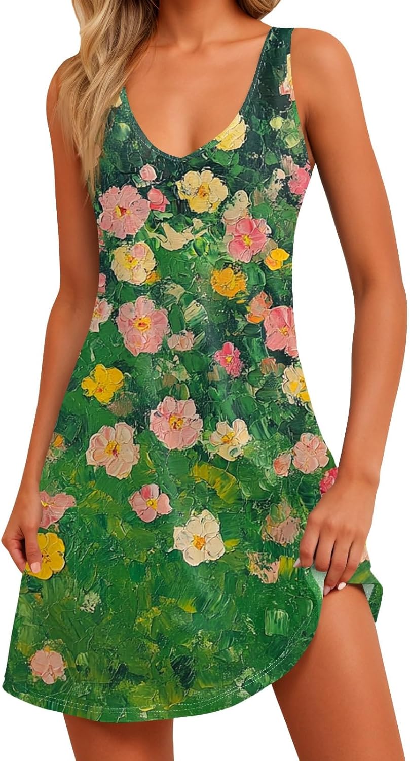 Women's Sleeveless Floral Print Summer Dress Casual V-Neck A-Line Mini Dress for Beach Party and Daily Wear