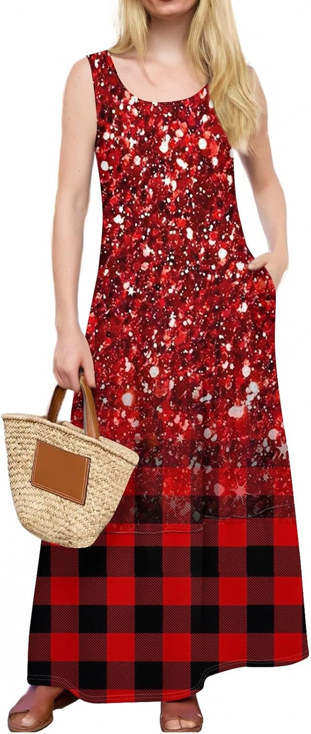 Womens Summer Tank Dress Vacation Boho Floral Long Dresses with Pockets Resort Wear Swing Beach Sleeveless Sundress
