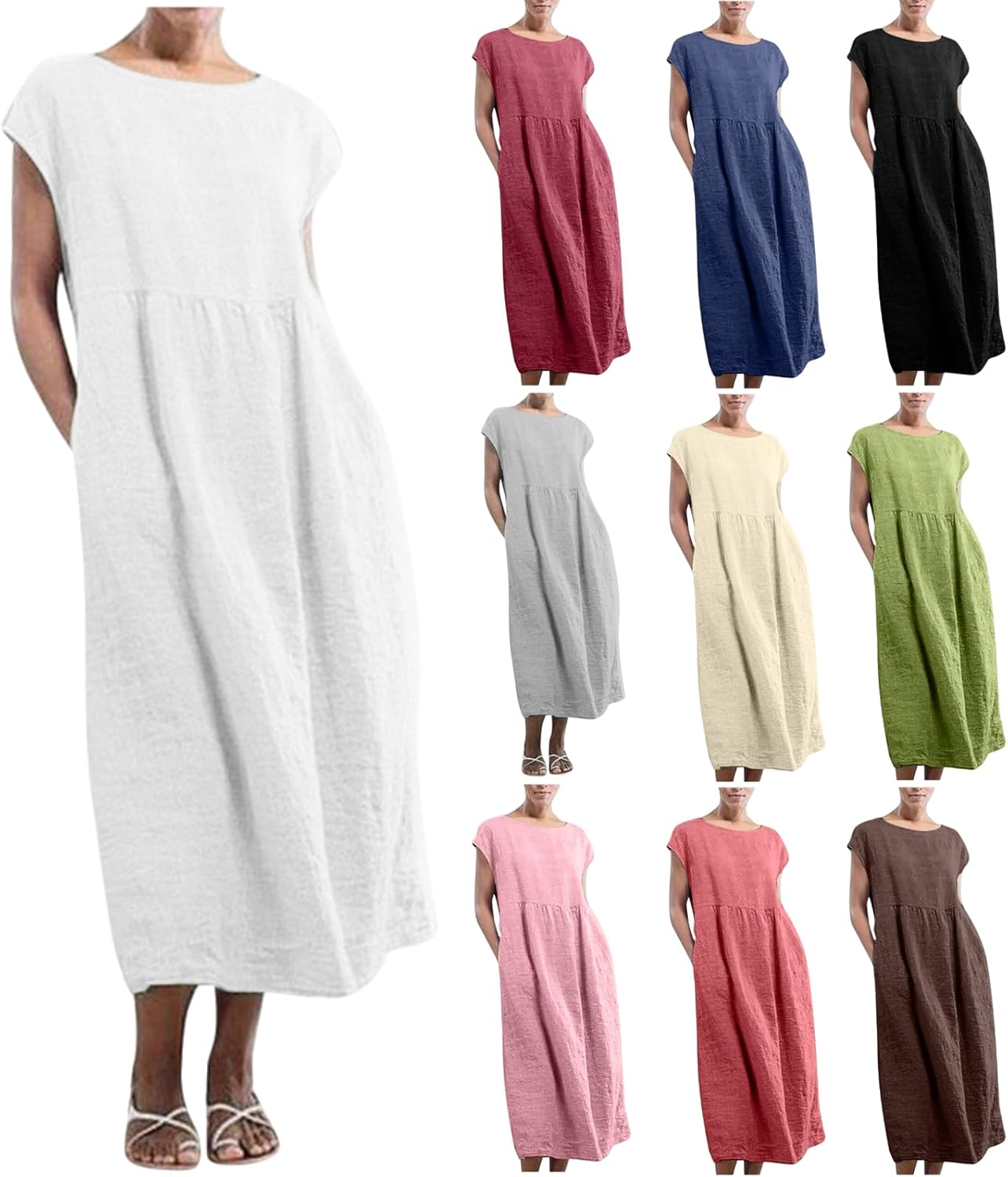Linen Dresses for Women 2025 Summer Fashion Solid Color Sleeveless Dresses Beach Flowy Maxi Dresses Casual Sundress
