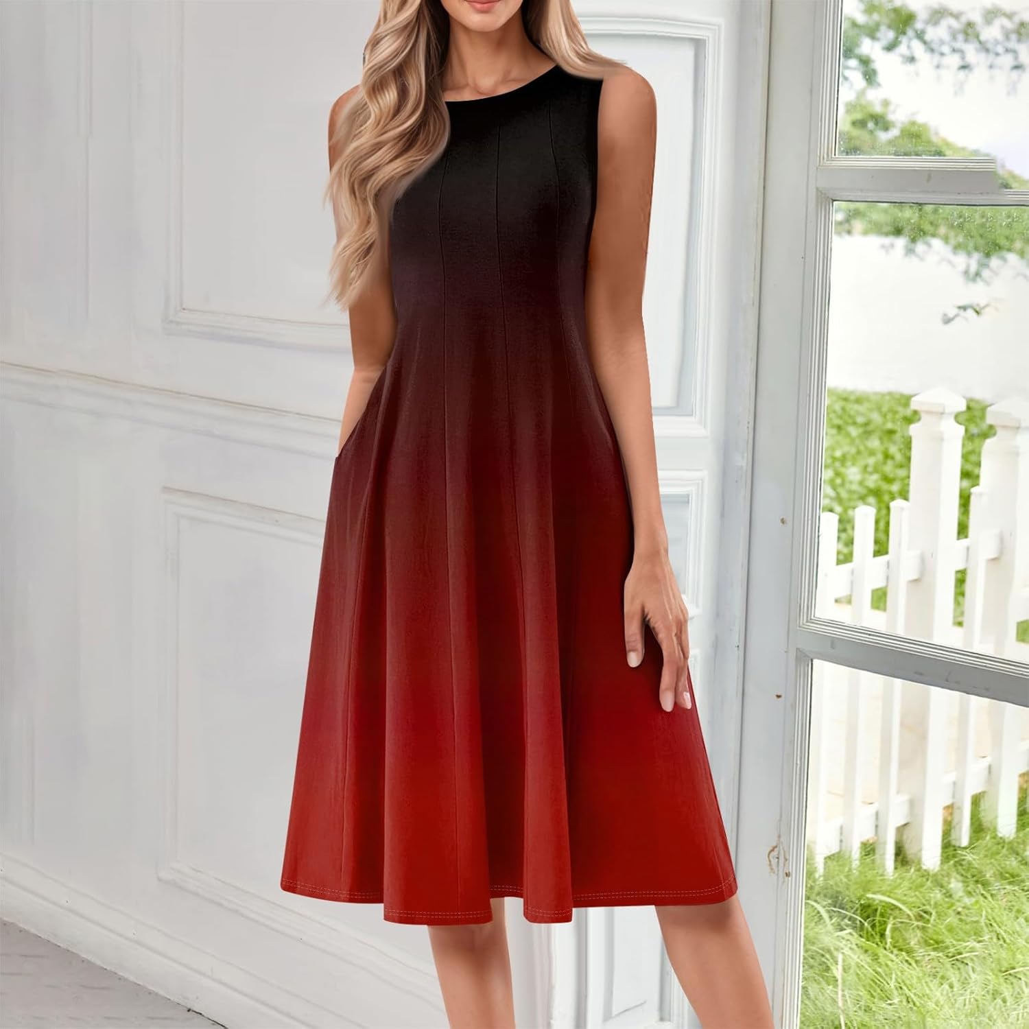 Womens Tank Sundress 2025 Casual Floral Print Tshirt Dress Swing Sleeveless Midi Dress Crewneck Pleated Summer Dresses