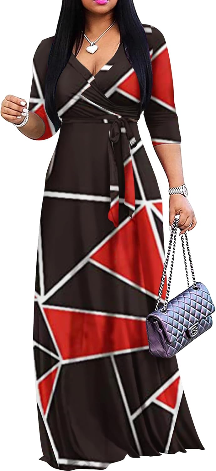 FANDEE Plus Size Maxi Dress for Women Casual Summer Sundress V-Neck 3/4 Sleeve
