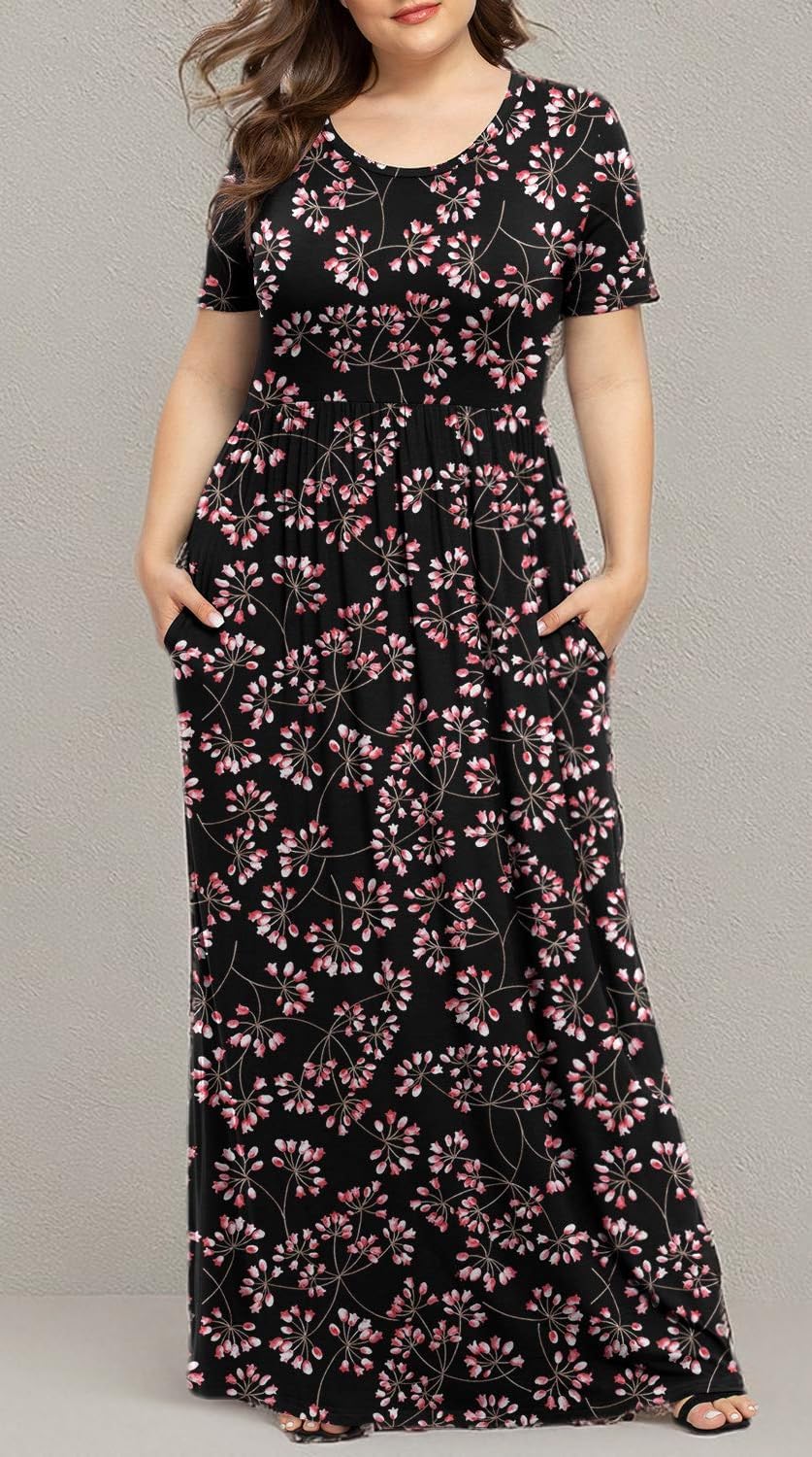 LONGYUAN Women's Plus Size Maxi Dresses for Curvy Women Summer Short Sleeve Casual 2025 Long Dress XL-6XL