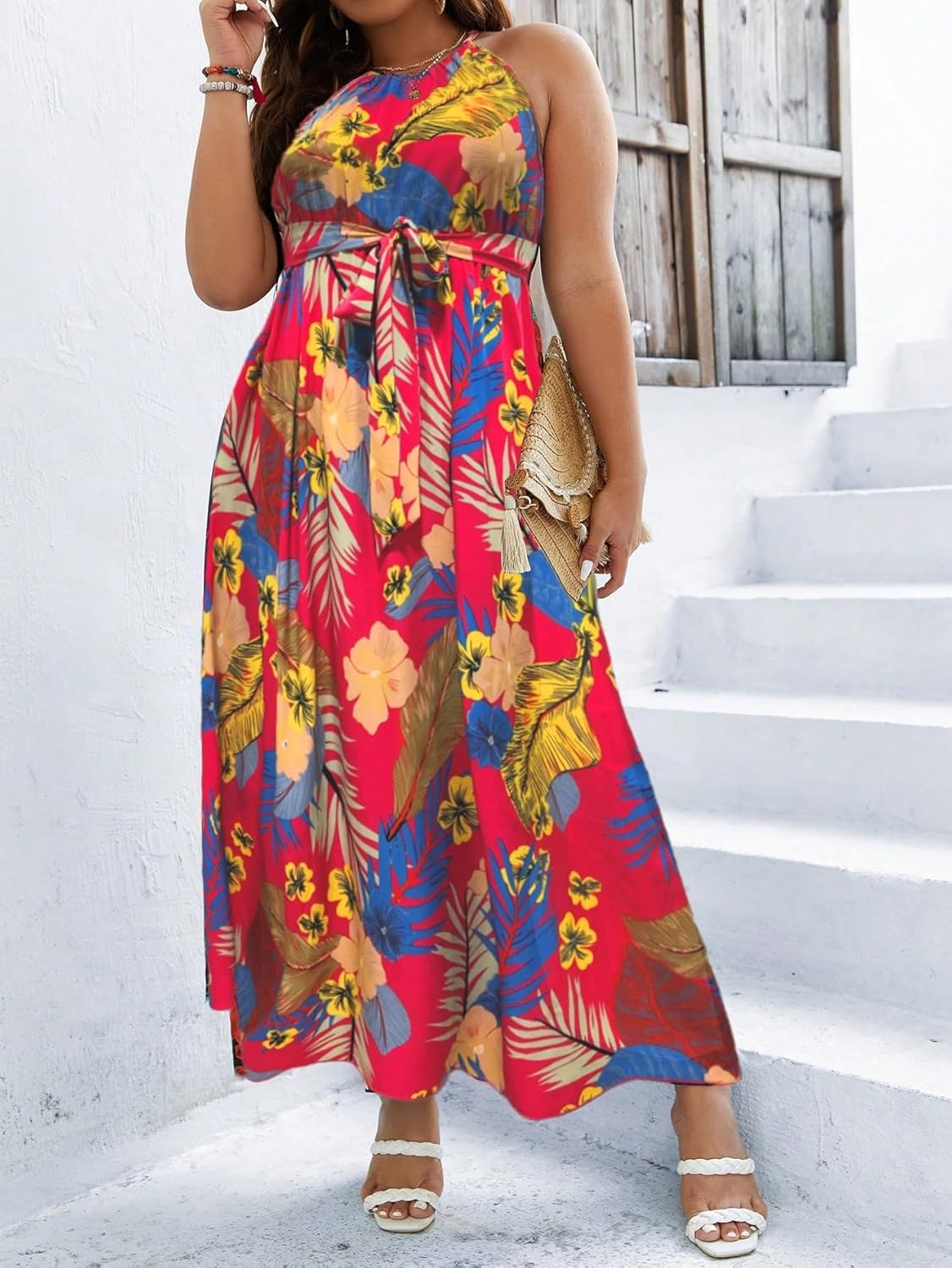 Floerns Women's Plus Size Boho Sleeveless Halter Neck Tie Back A Line Long Dress