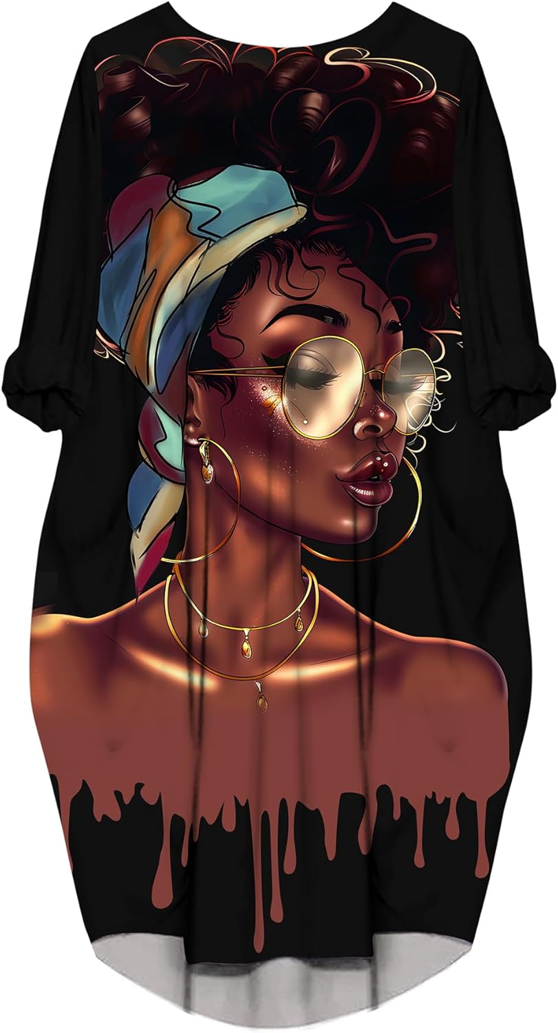 AZPSRT Fashion Women's African American Art Print Dress Casual Loose Dresses