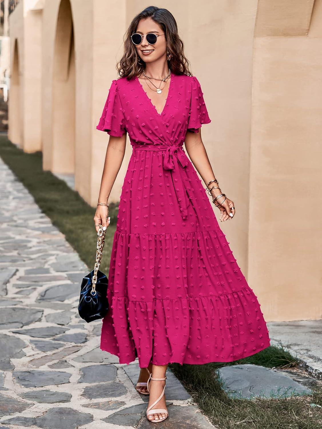 MASCOMODA Womens Boho Swiss Dot Maxi Dresses Wrap V Neck Flutter Short Sleeve Solid Tie Belt A Line Tiered Flowy Long Dress