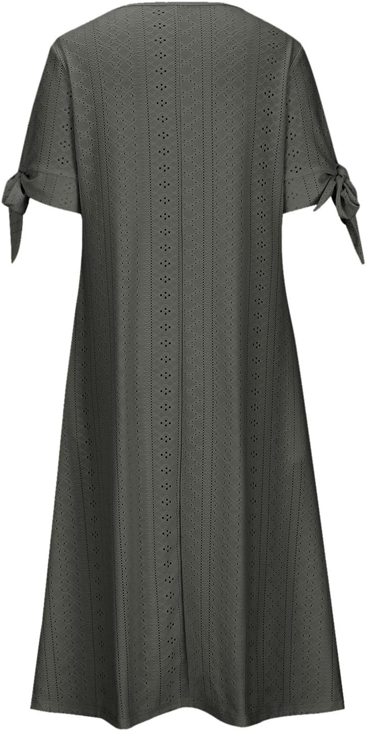ZYXTIM Womens Eyelet Dress V Neck Short Sleeve Hollow Out Summer Beach Vacation Dresses Swing A Line Vintage Long Dresses