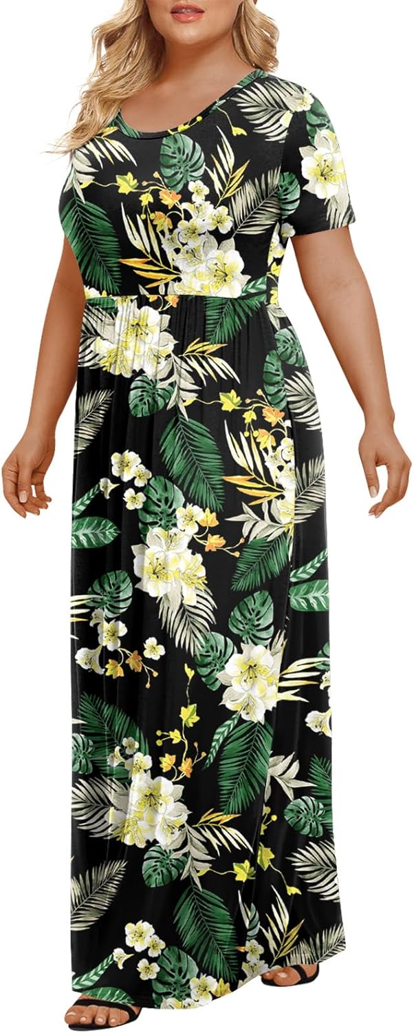 LONGYUAN Women's Plus Size Maxi Dresses for Curvy Women Summer Short Sleeve Casual 2025 Long Dress XL-6XL