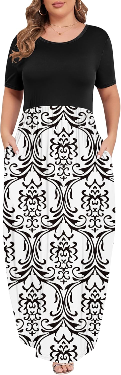 KARALIN Women’s Plus Size Maxi Dresses for Curvy Women Summer Casual Short Sleeve 2025 Long Dress 14W-26W