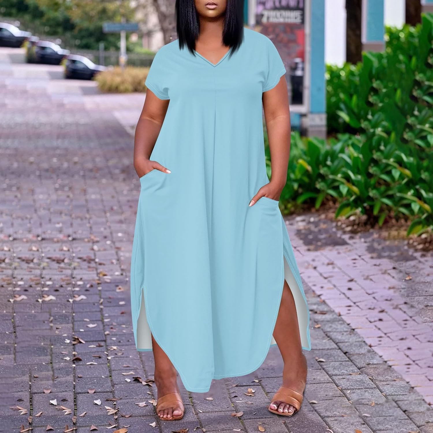 Maxi Dresses for Women 2025 Plus Size Tie Dye V Neck Dress Short Sleeve Side Split Beach Summer Sundress with Pocket