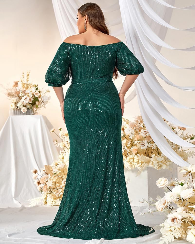 Women's Plus Size Off Shoulder Puff Sleeve Sequin Formal Maxi Dress Evening Party Gowns