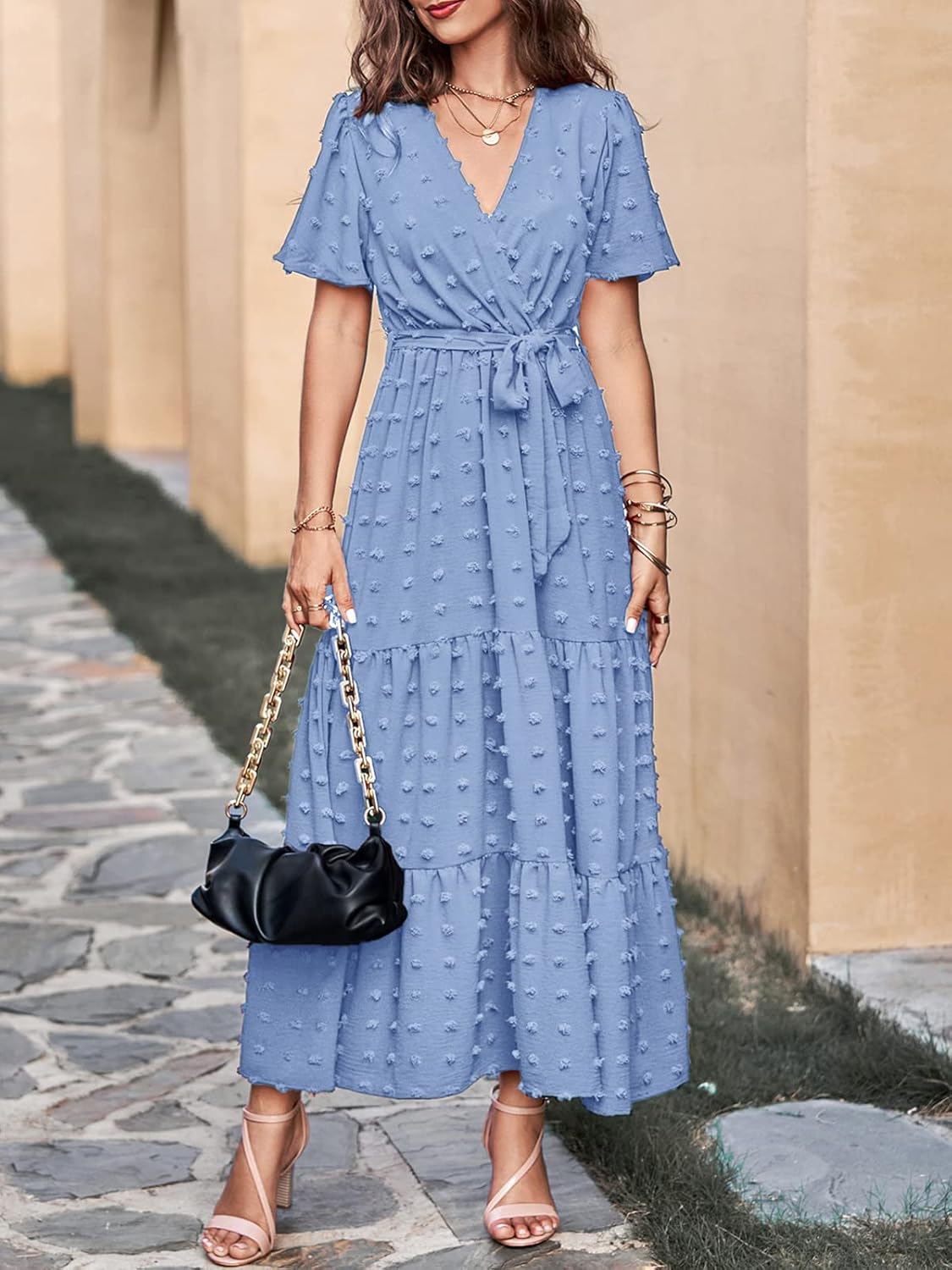 MASCOMODA Womens Boho Swiss Dot Maxi Dresses Wrap V Neck Flutter Short Sleeve Solid Tie Belt A Line Tiered Flowy Long Dress