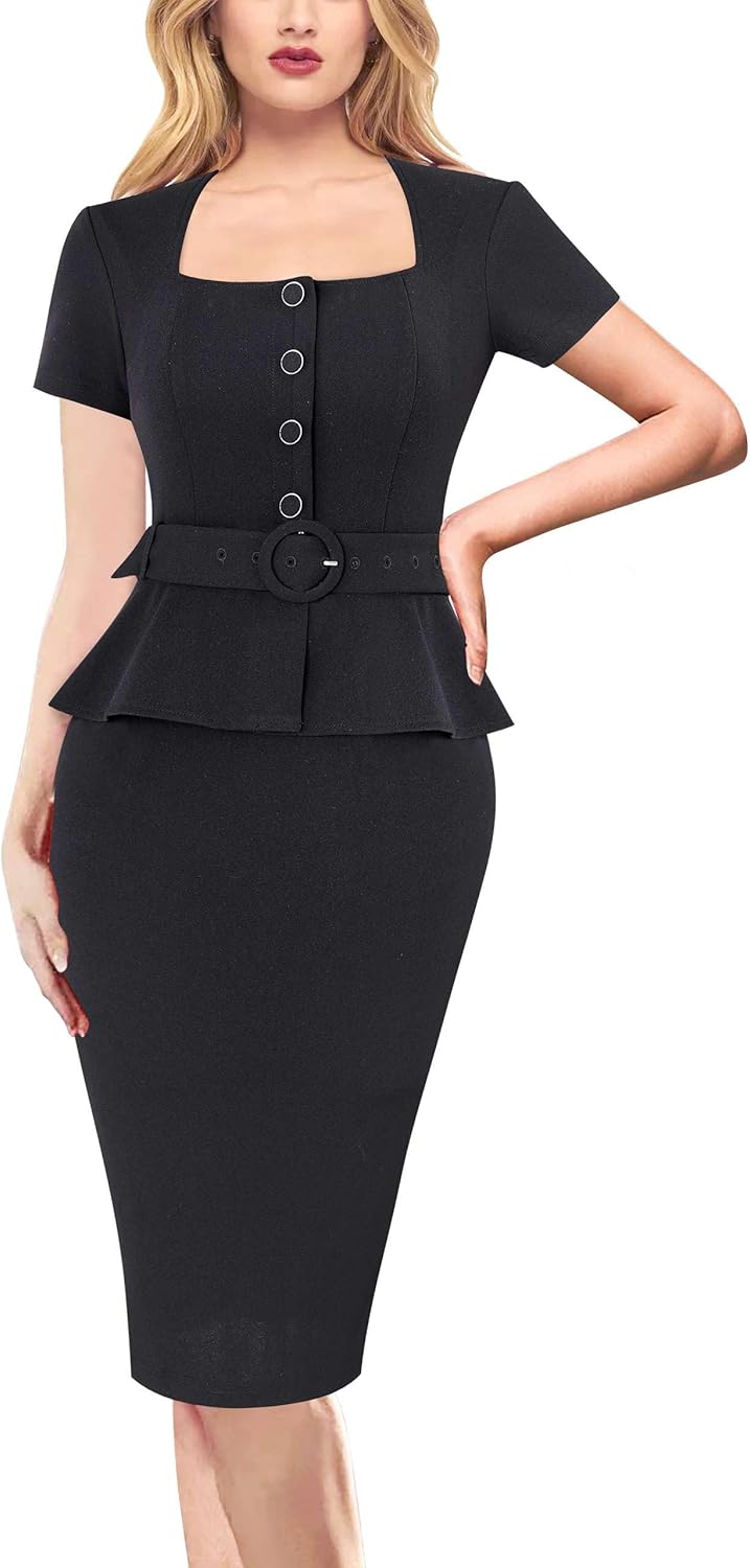 VFSHOW Womens 2024 Business Work Office Square Neck Belted Peplum Buttons Slim Bodycon Sheath Dress