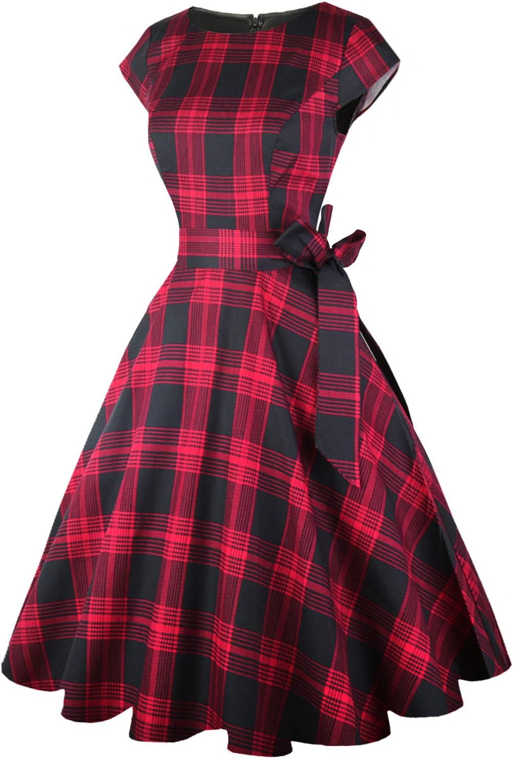 PUKAVT Women's 1950 Boatneck Cap Sleeve Vintage Swing Cocktail Party Dress with Pockets