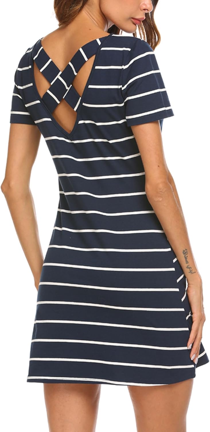 Feager Women's Casual Striped Criss Cross Short Sleeve T Shirt Dress