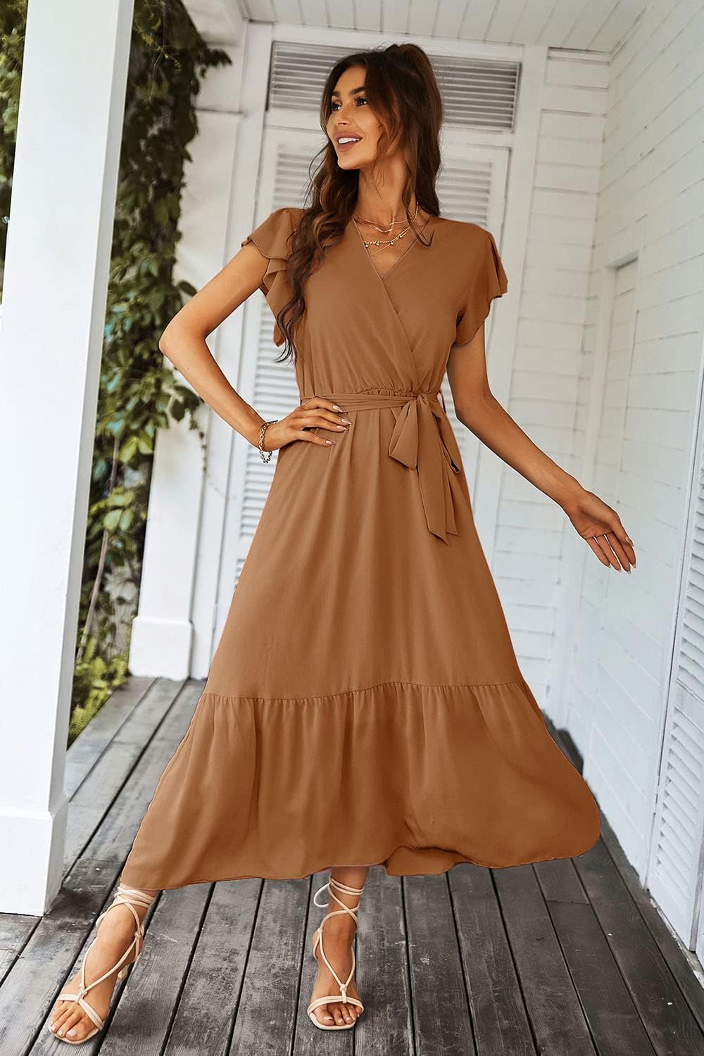 PRETTYGARDEN Women's Summer Floral Boho Dress Wrap V Neck Short Sleeve Ruffle A-Line Flowy Maxi Wedding Guest Dresses