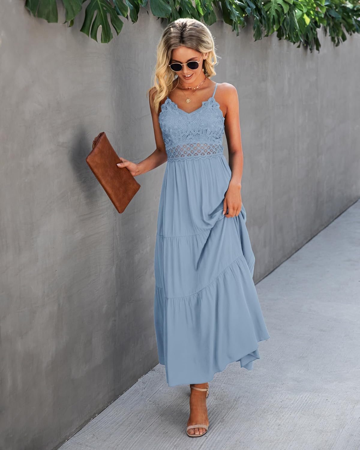 Dokuritu Women's Beach Crochet Lace Maxi Dress Solid Color Summer Vacation Spaghetti Strap Long Dress 2024