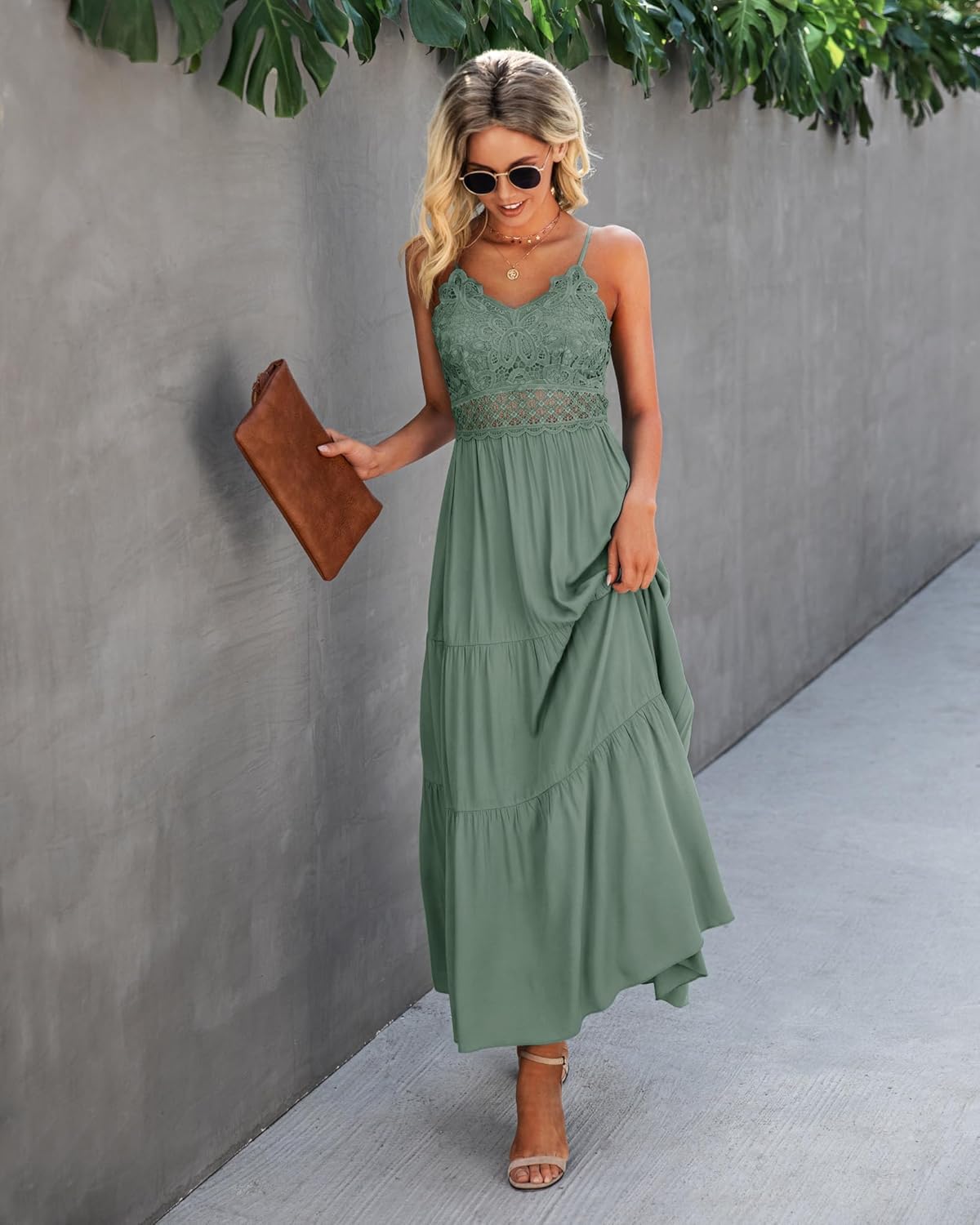 Dokuritu Women's Beach Crochet Lace Maxi Dress Solid Color Summer Vacation Spaghetti Strap Long Dress 2024