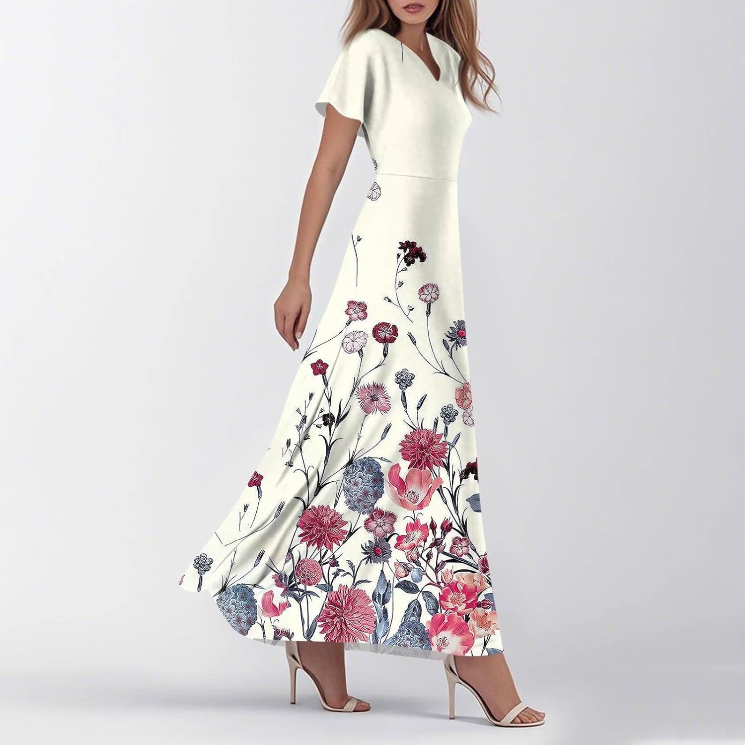 Womens Fashion V Neck Ruffle Short Sleeve Maxi Dress 2025 Summer Elegant Solid Color Flowy A Line Dresses