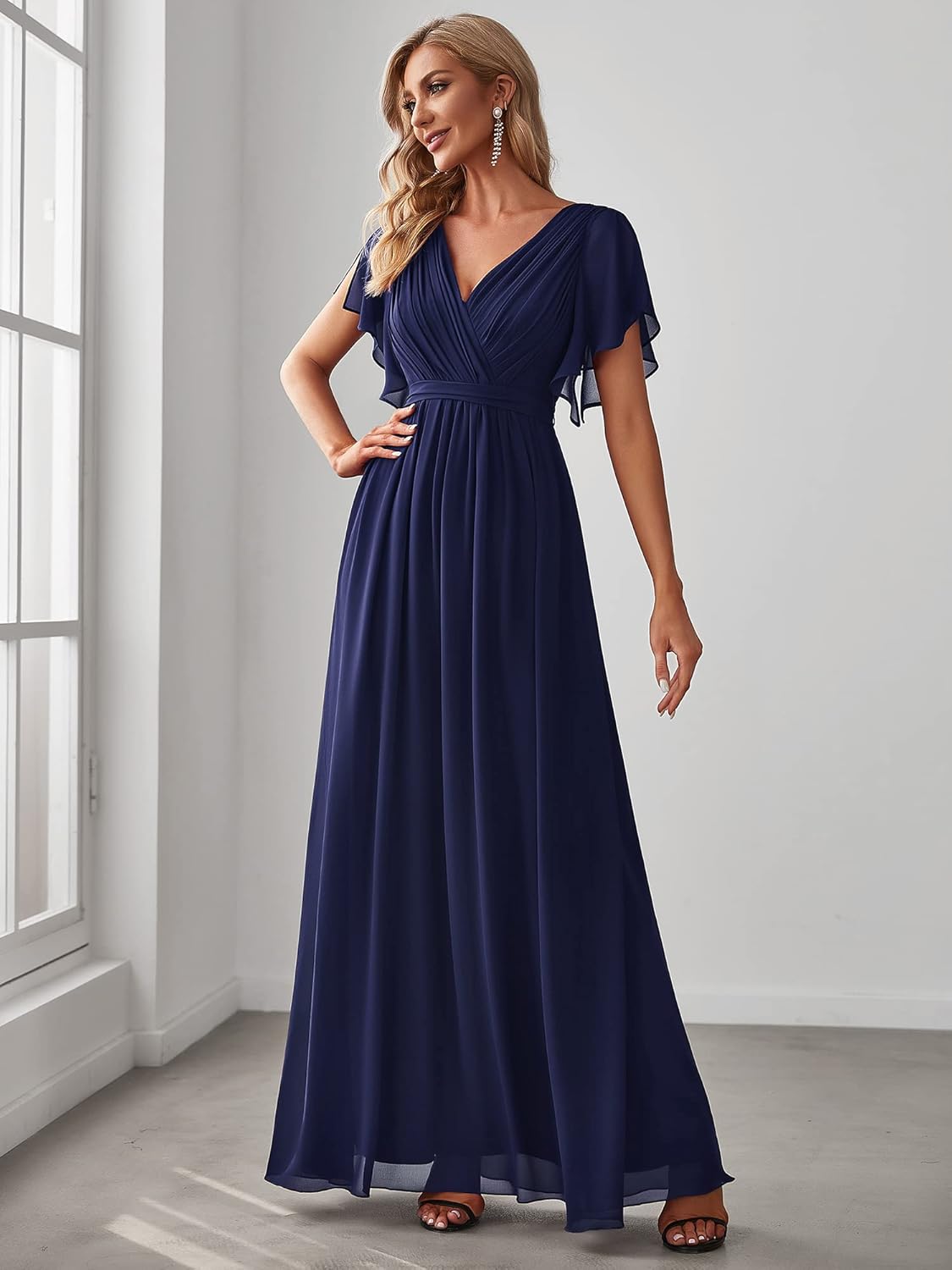 Ever-Pretty Women's Bridesmaid Dress V-Neck Ruffle Sleeves Ruched Bust Floor Length Chiffon Formal Dresses 0164A