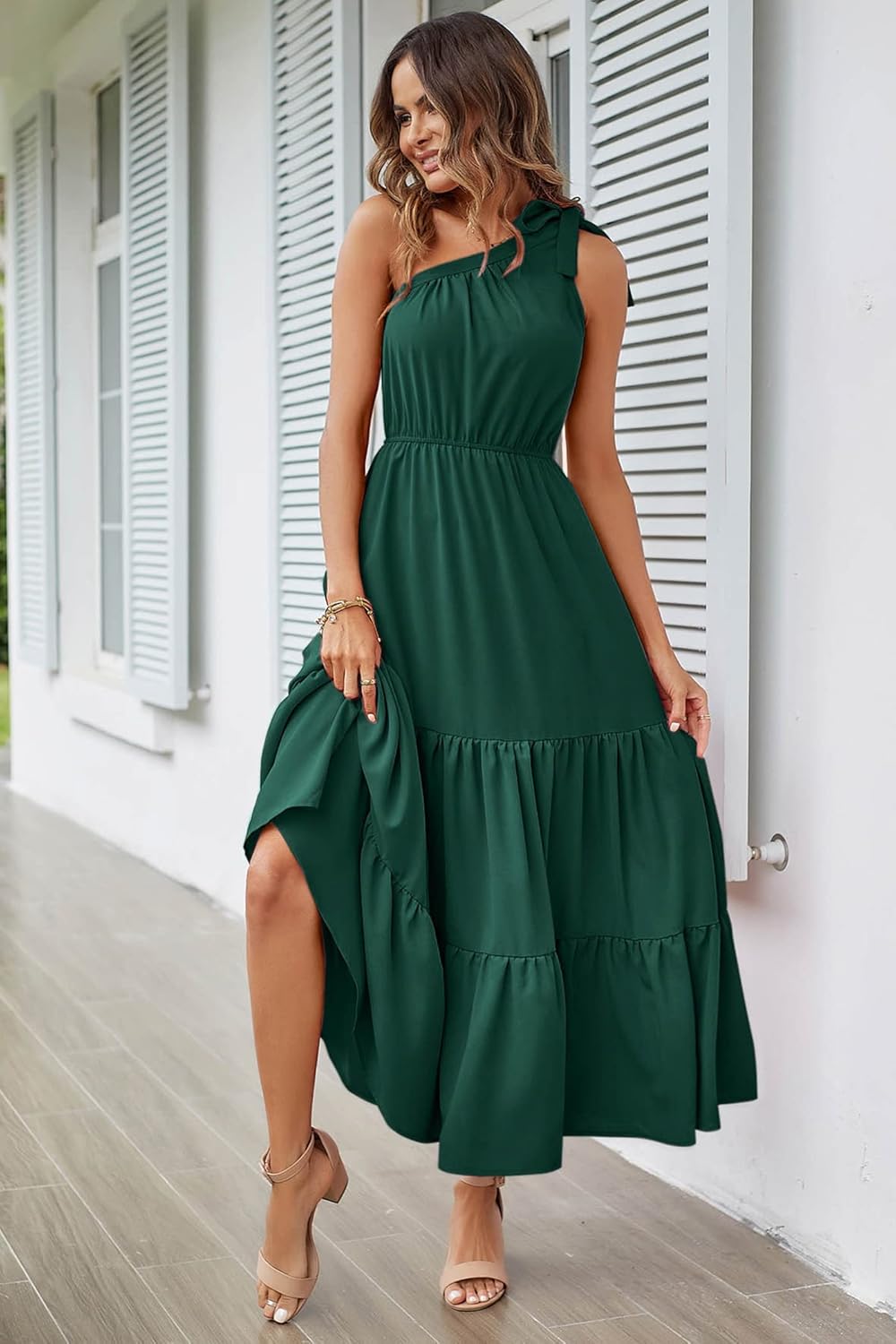 PRETTYGARDEN Women's Summer Floral Maxi Dress Knot One Shoulder Sleeveless Ruffle Flowy Boho Beach Wedding Guest Dresses