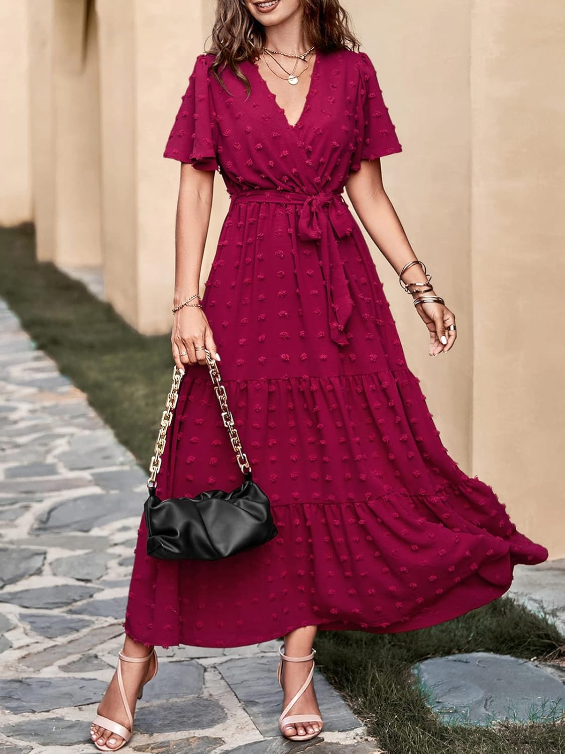 MASCOMODA Womens Boho Swiss Dot Maxi Dresses Wrap V Neck Flutter Short Sleeve Solid Tie Belt A Line Tiered Flowy Long Dress