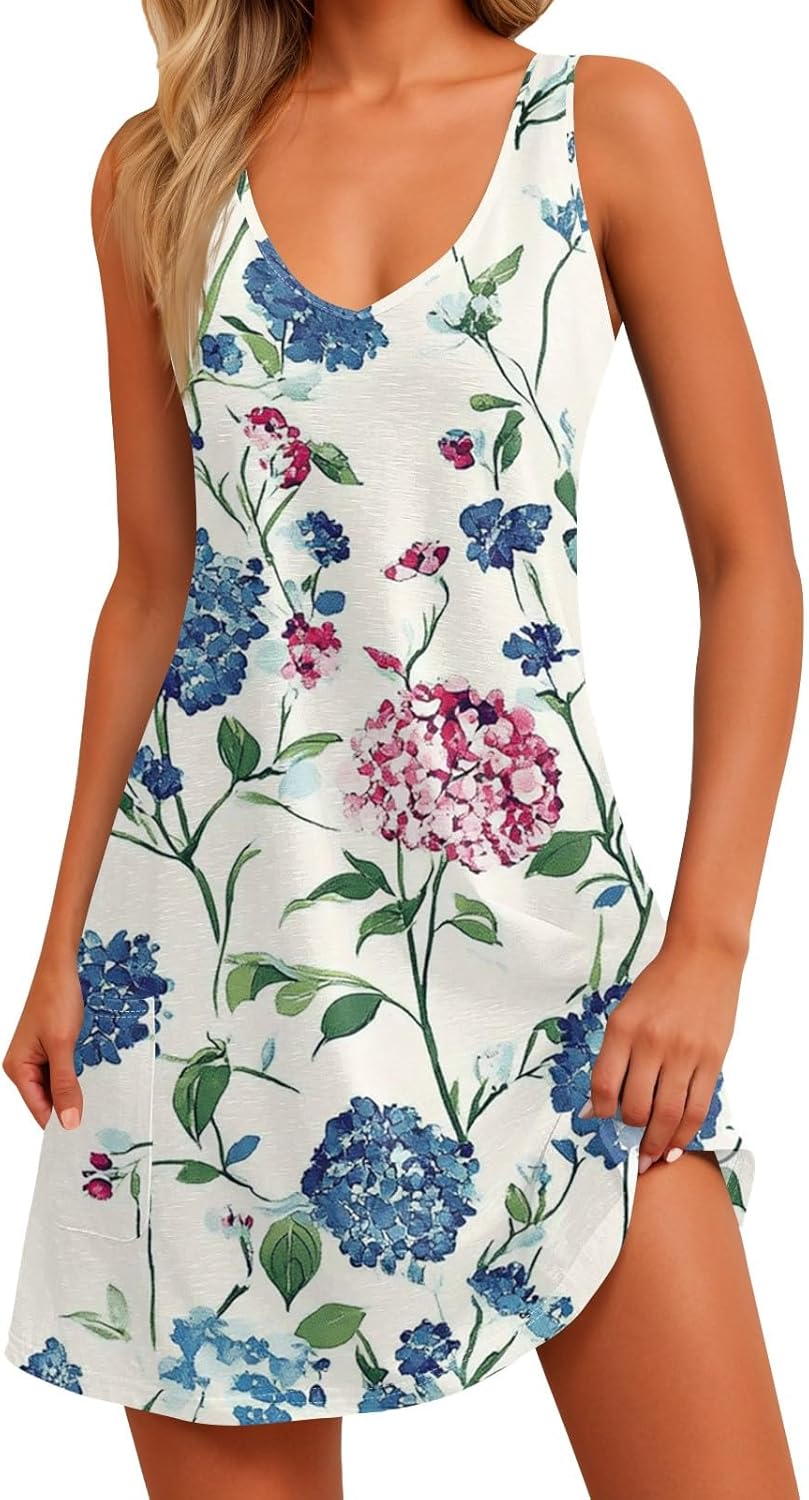 NBXNZWF Women Summer Casual Dress 2025 Casual Loose Sleeveless V-Neck Sundresses A Line Tshirt Beach Dresses with Pockets