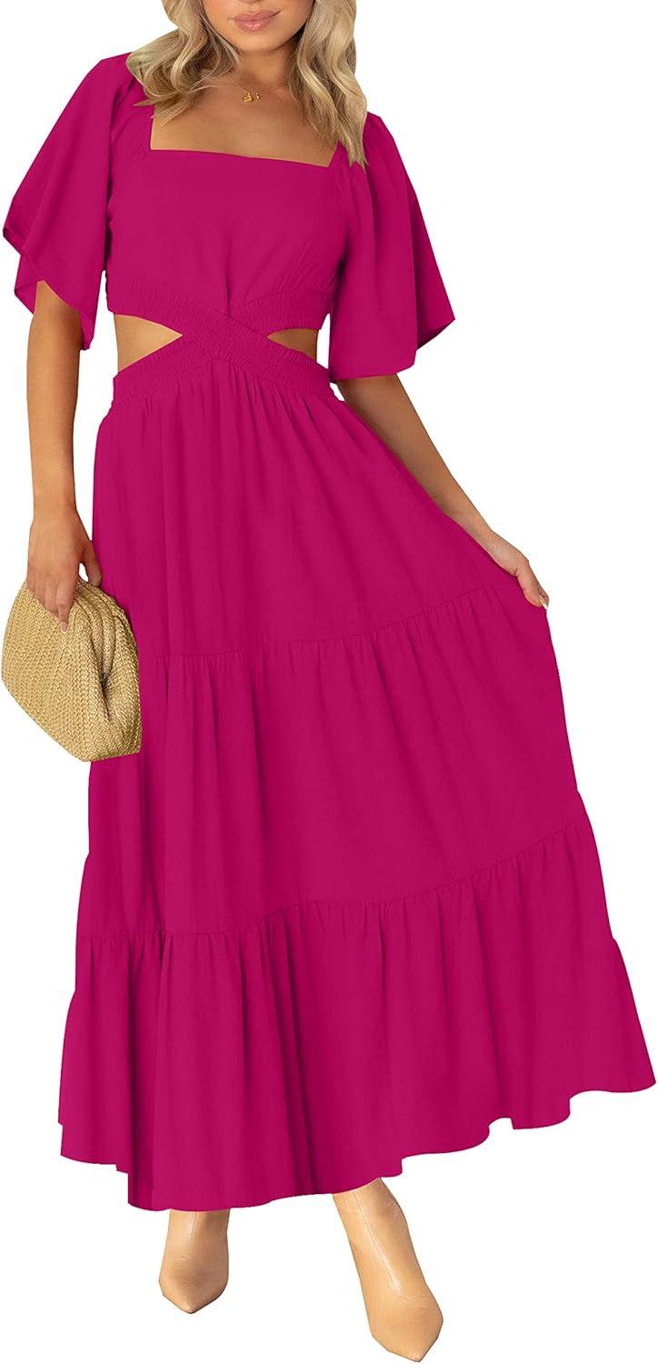 LEANI Women's 2025 Summer Cutout Maxi Dress Square Neck Short Sleeve Crossover Waist Casual Party Dresses